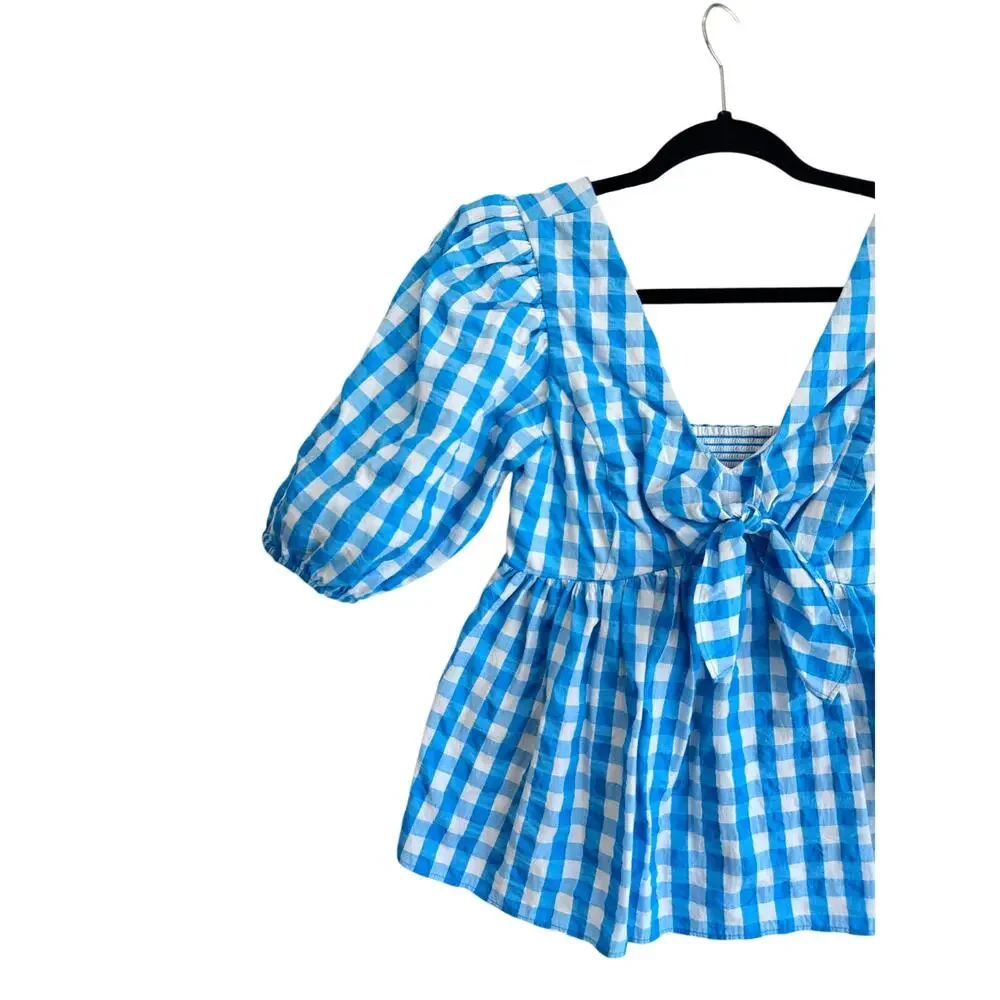 Lilly Pulitzer Sarafina Gingham Tie Front Puff Sleeve Peplum Blouse  00 peasant